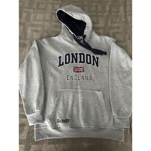 London England Hoodie Mens Large Gray Embroidered Union Jack Front Pouch Fleece